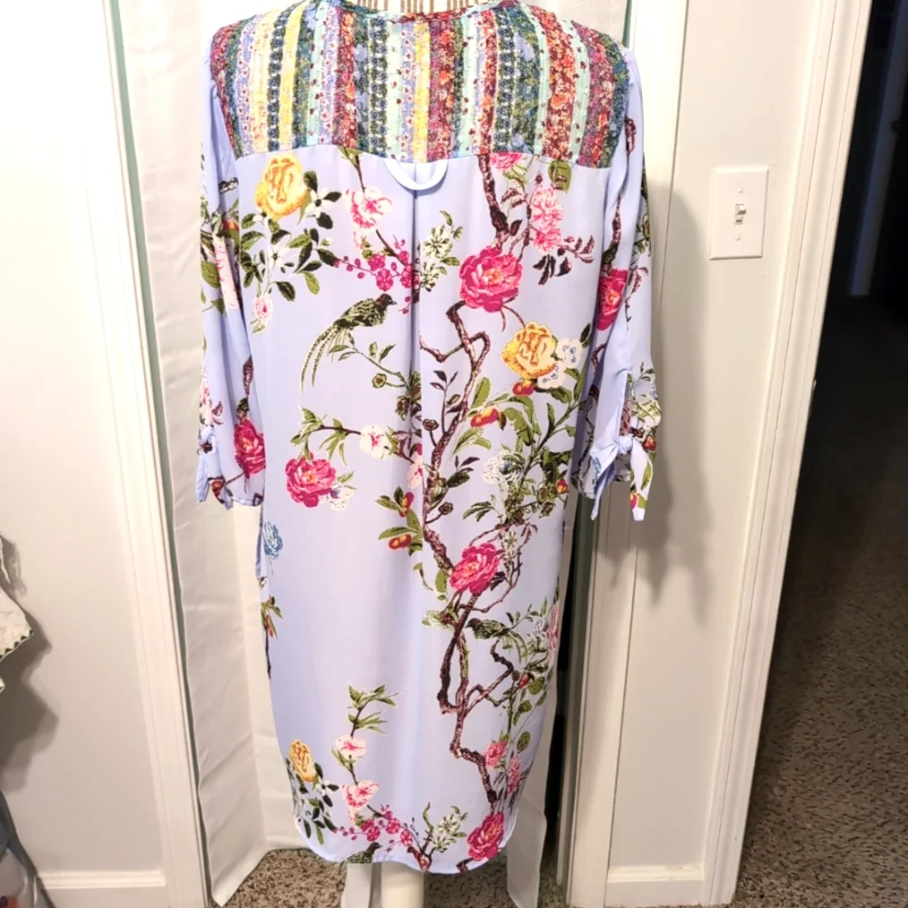 Figueroa & Flower Women's Tunic M Purple Floral 3/4 Sleeves Boho Cottage Whimsy - Picture 7 of 11